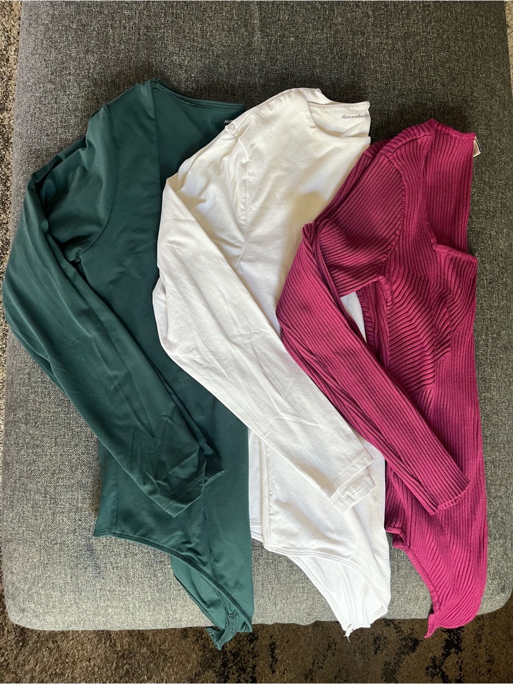 Abercrombie & Fitch Long Sleeve Bodysuit Trio — Green, White & Berry